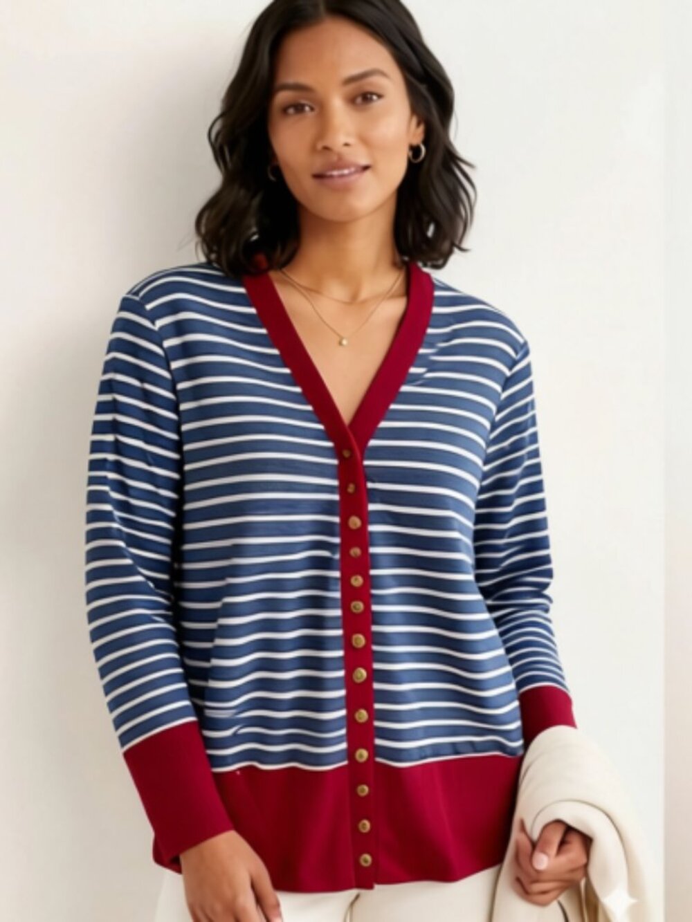 YIK FUNG Womens Button Up Striped Top Cardigan Long Sleeves Gray White Red Large